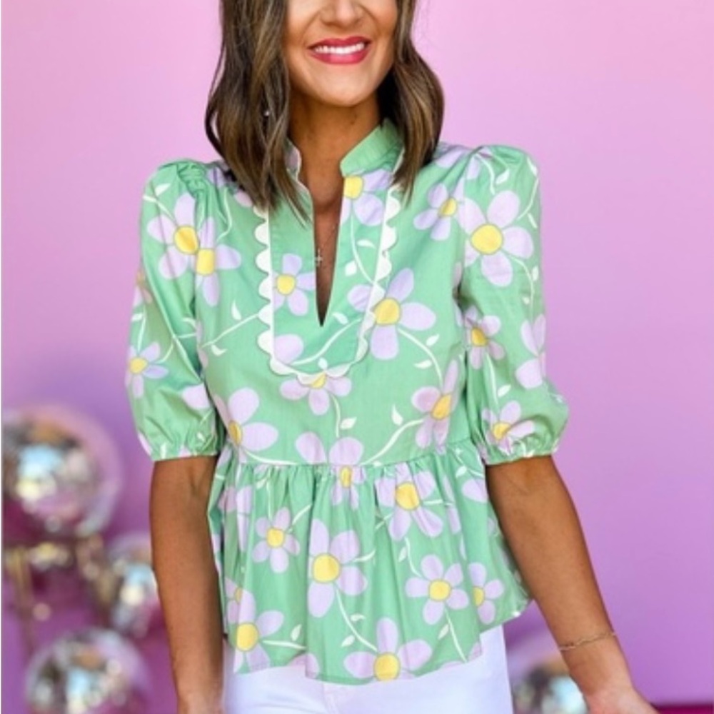 Karlie Green Floral Peplum Blouse with Yellow, Lilac and White Accents